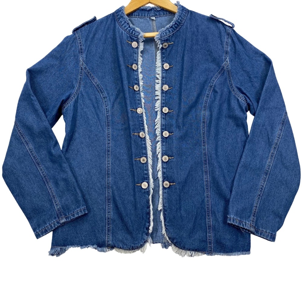 Unbranded Denim Jacket Womens XXL Blue Military Frayed Collarless Epaulette XXL